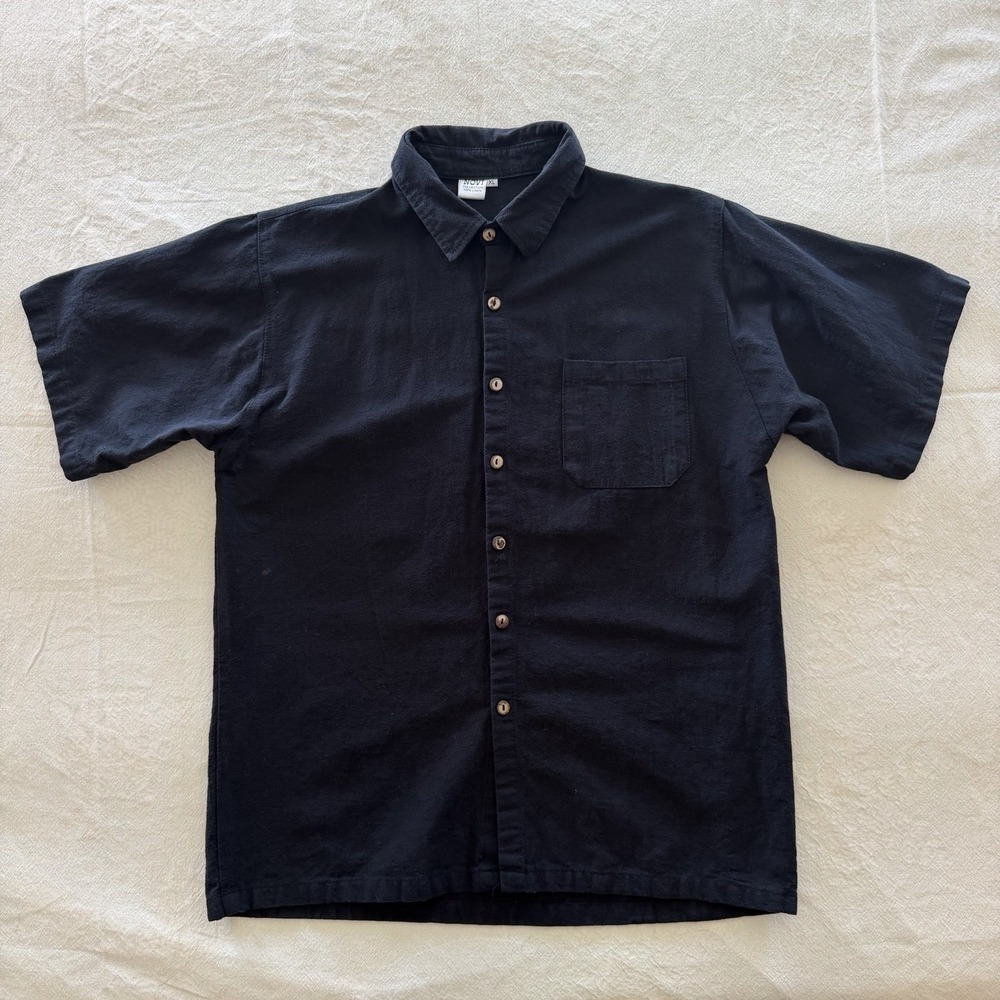 Custom Bali 100% Linen Shirt Mens Black Linen Resort Denpasar Tag XL Fit M Camp
